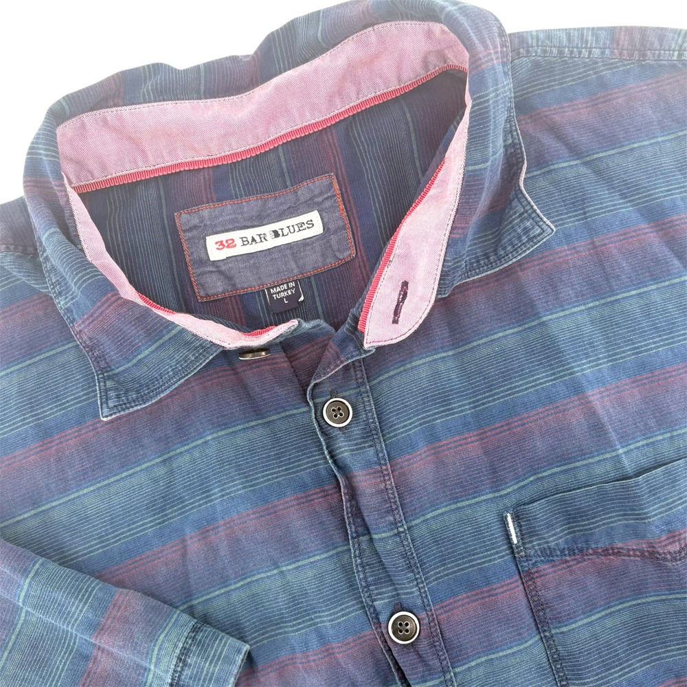 32 Bar Blues Mens Large Short Sleeve Striped Button Down Cotton Shirt Blue Multi
